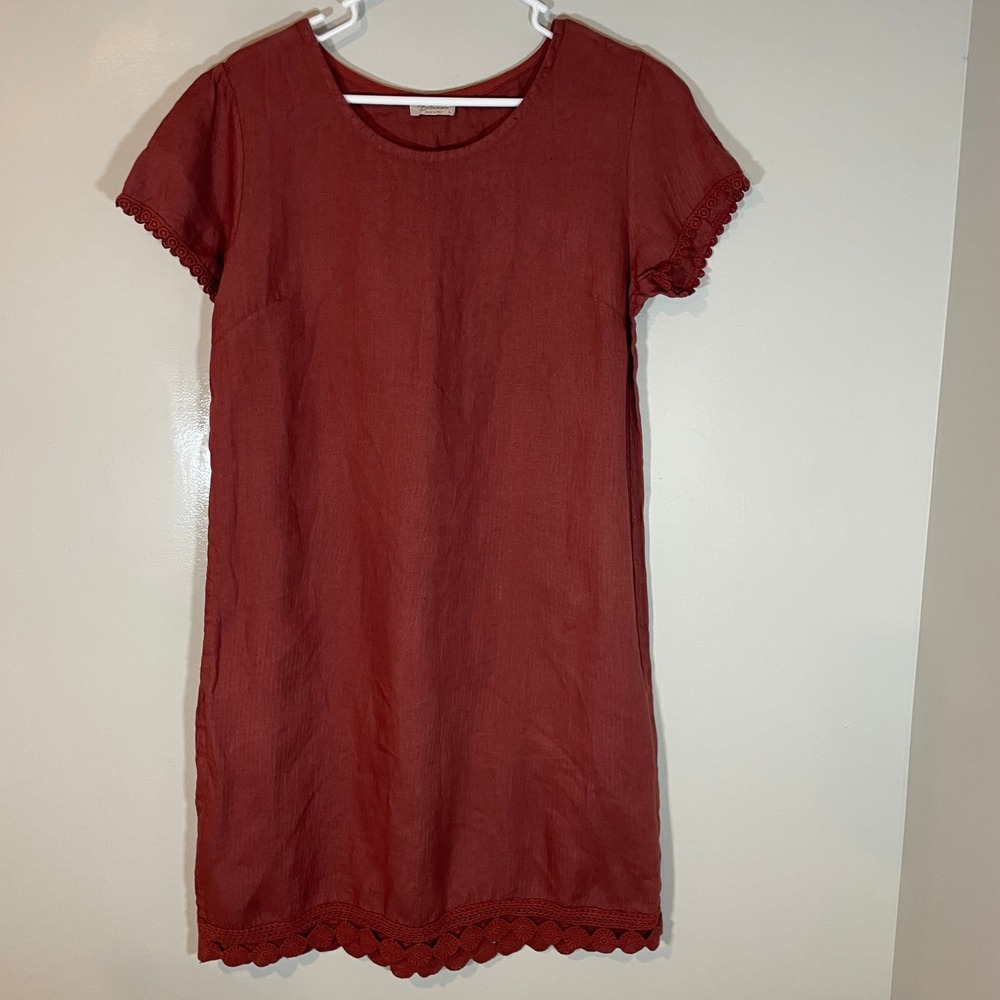 Bellambra Italy Women Burgundy Linen Crochet Lace Trim Shift Dress L Coastal